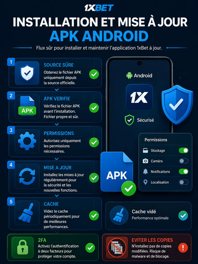 Infographie 1xBet FR sur installation Android APK, permissions et mise a jour