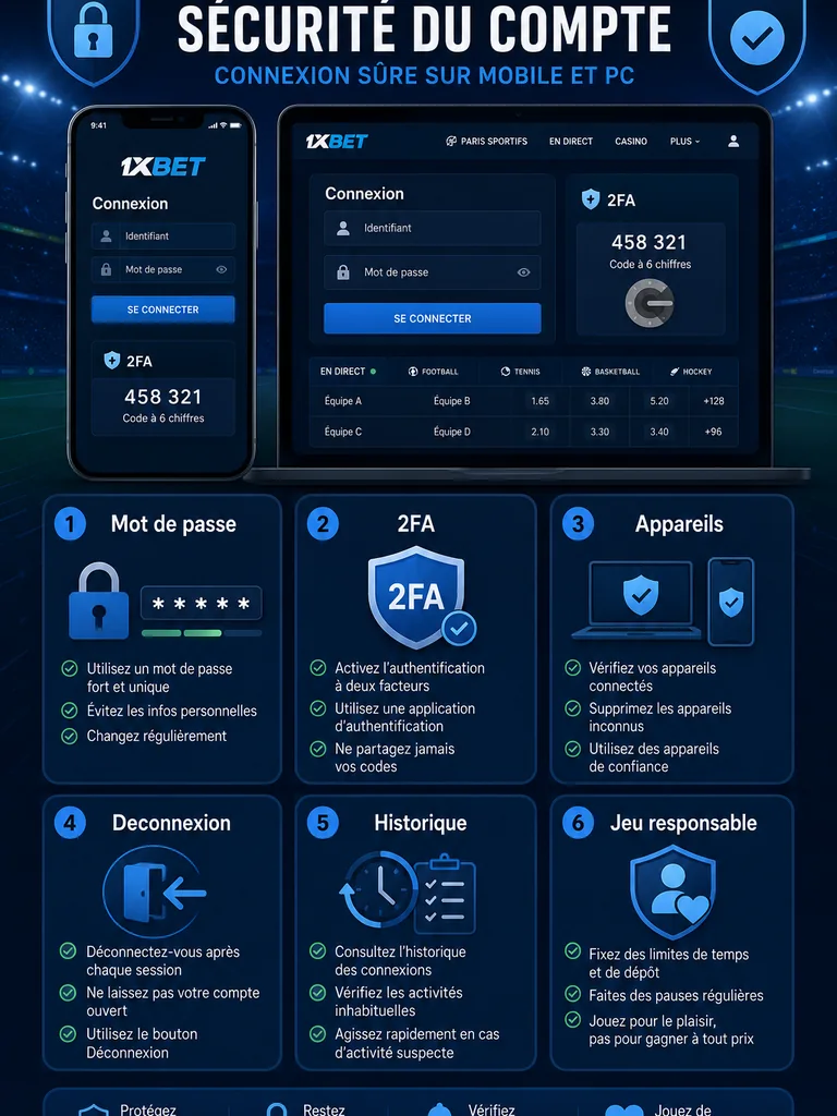 Infographie 1xBet FR sur securite du compte, 2FA et deconnexion