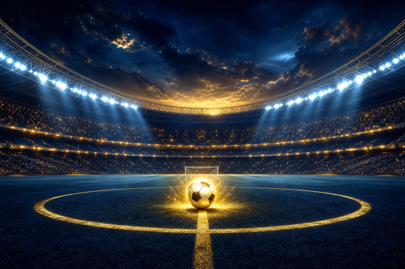 Night stadium view during a live football match under floodlights