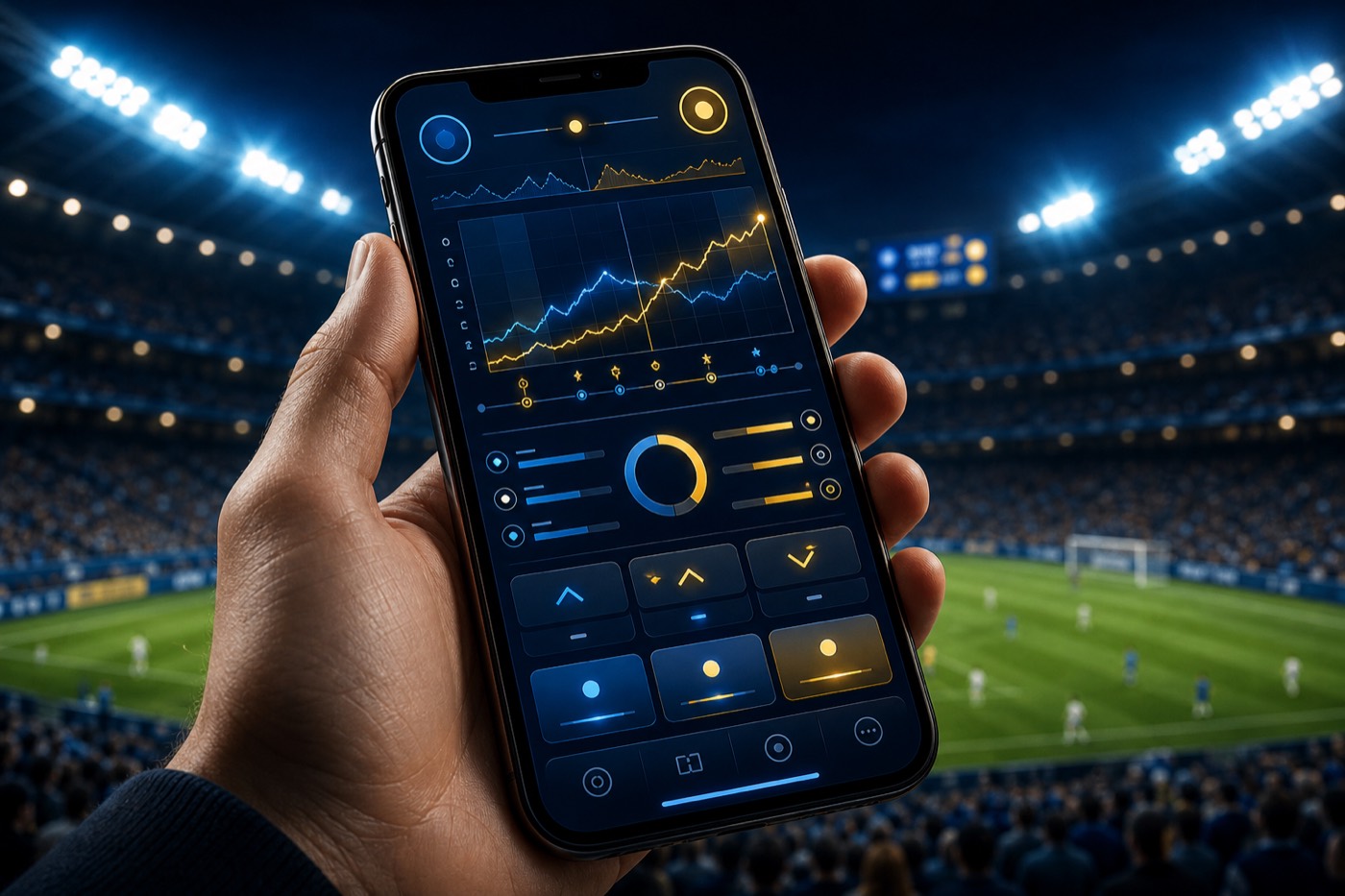 Mobile phone showing live match statistics and odds during a stadium game