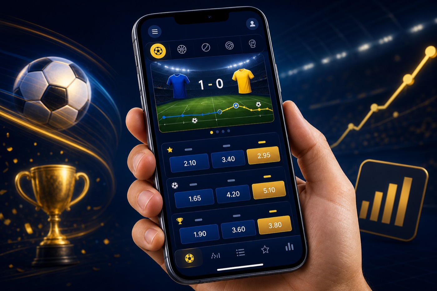 Person holding a smartphone with a sports betting app open on the home screen