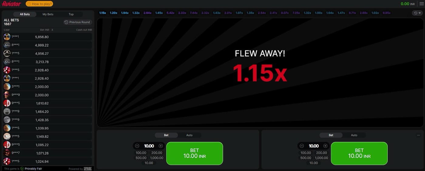 Aviator crash game inside the 1xBet app with live bets