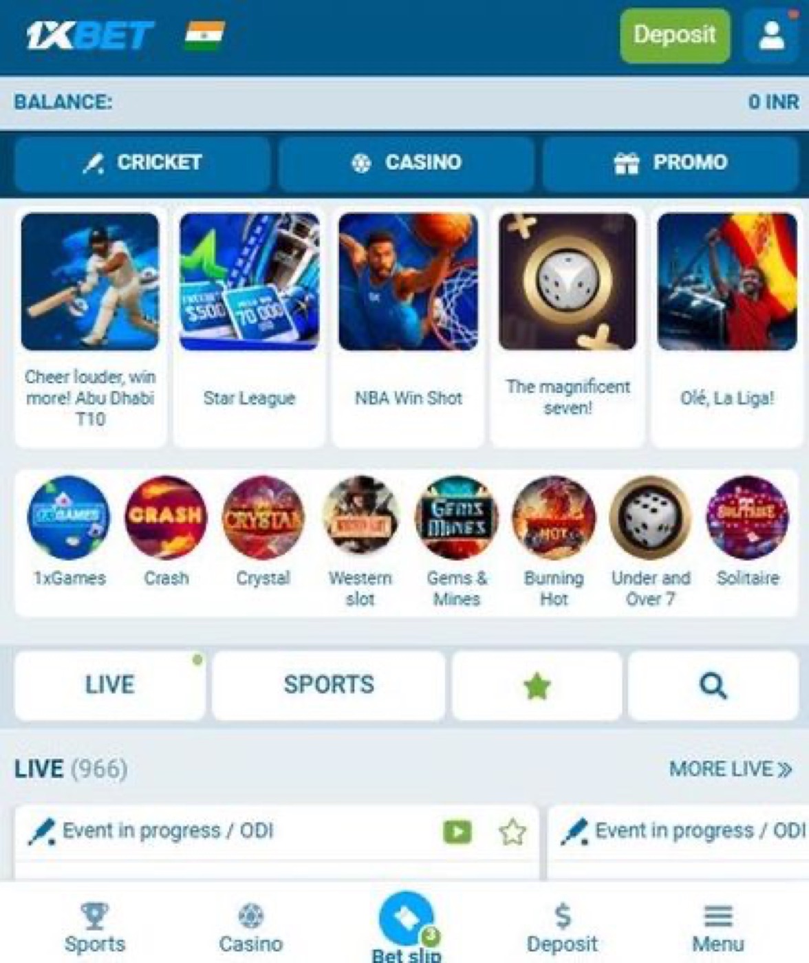 1xBet mobile app home screen with cricket, casino and live betting