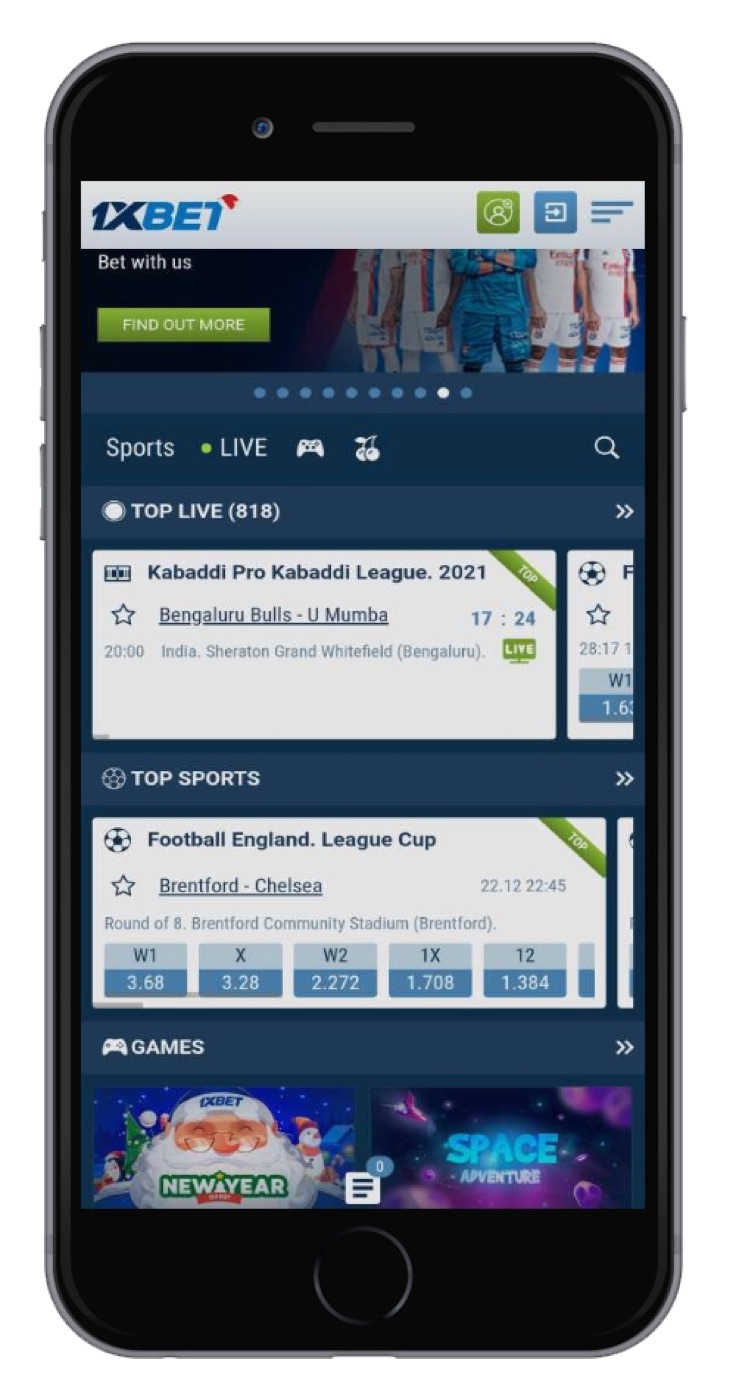 1xBet mobile Live section showing in-play events and odds