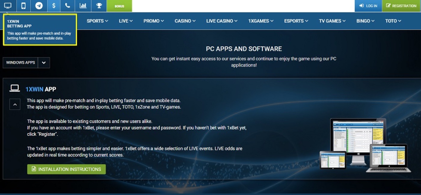 1xBet desktop and PC application download page