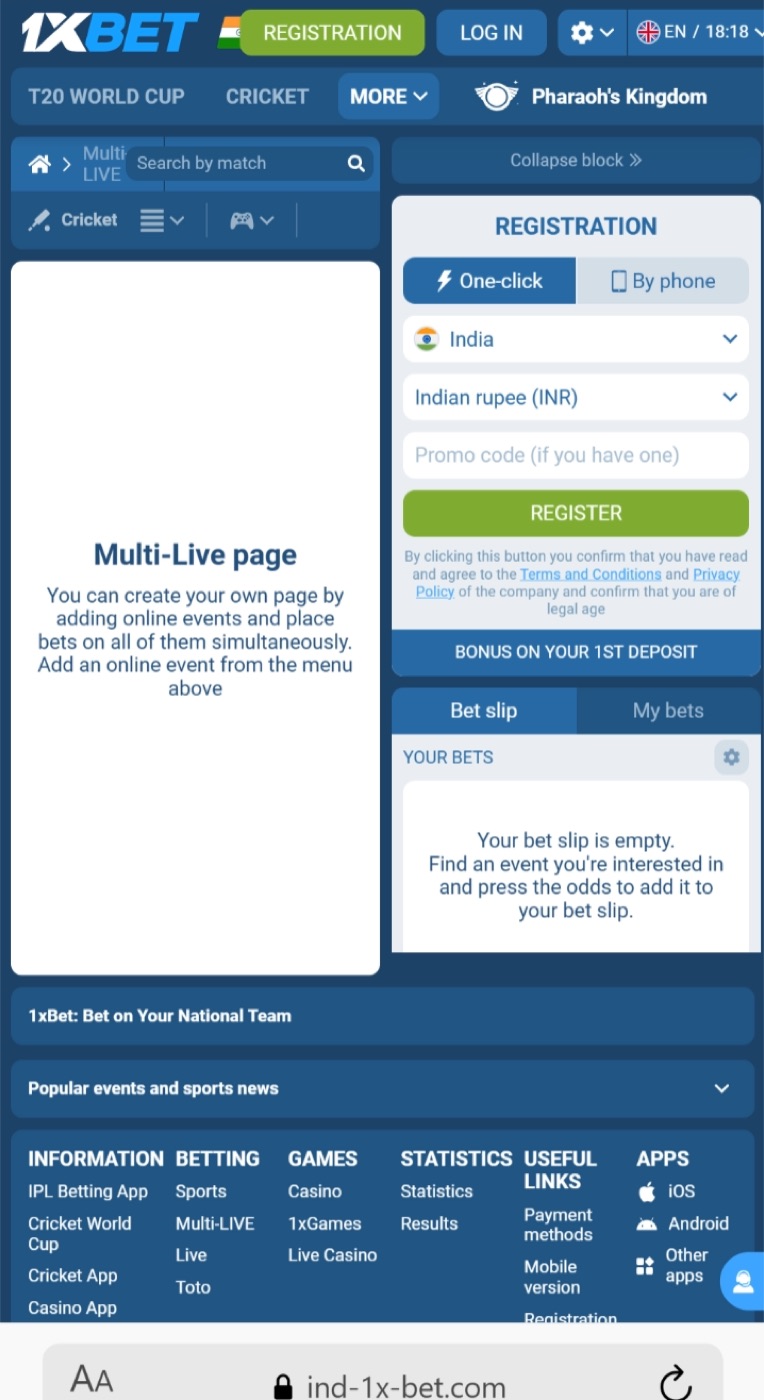 1xBet account registration form on mobile