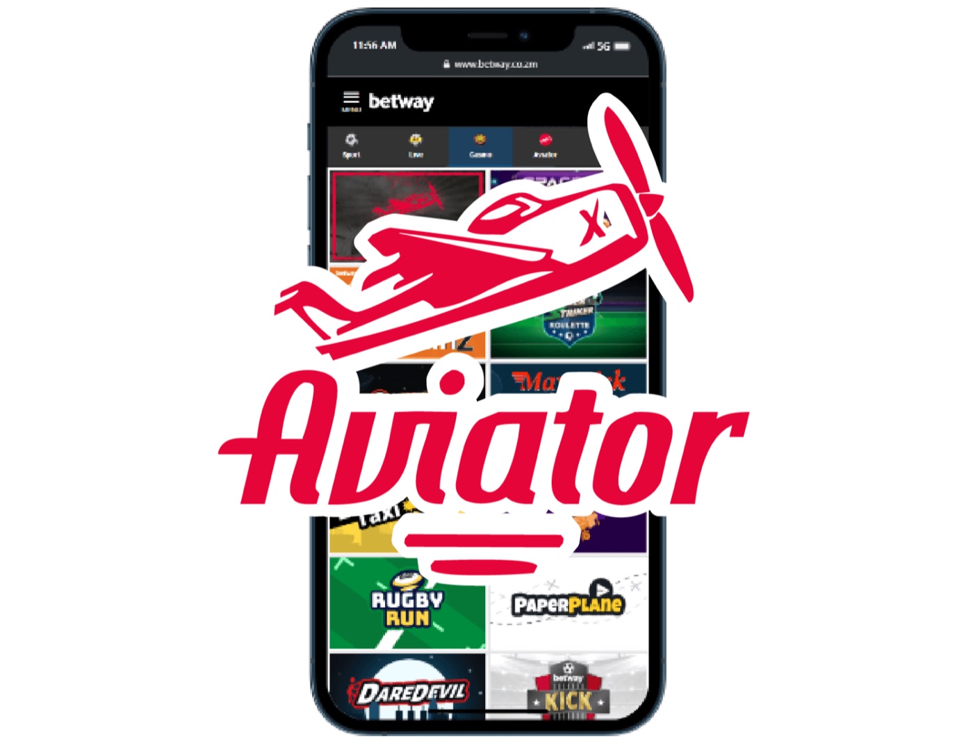 Aviator logo displayed over a Betway mobile casino lobby