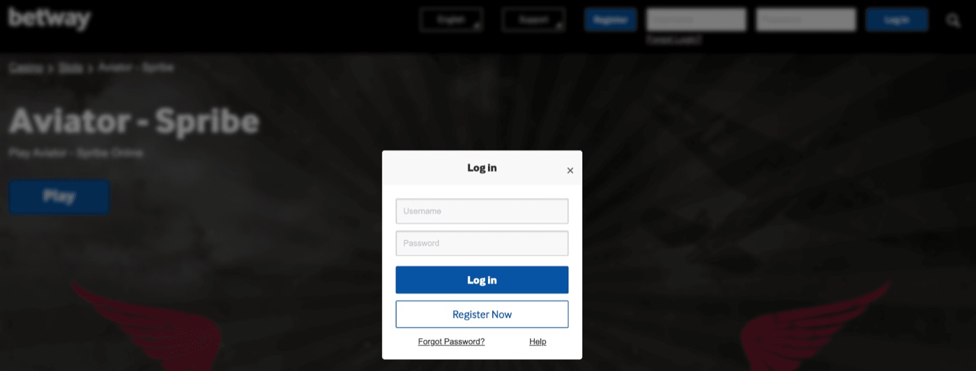 Betway Aviator page by Spribe with the account login window open