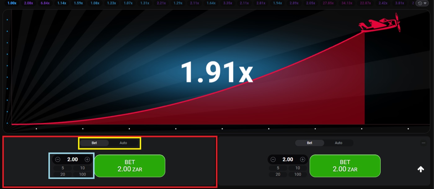Aviator desktop round flying at 1.91x with two bet panels below the curve