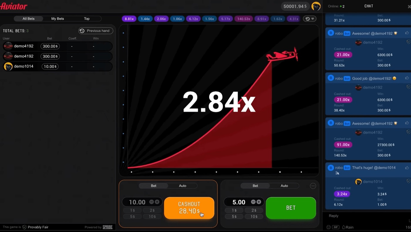Aviator interface with the live bets panel, in-game chat and a cash-out at 28.40