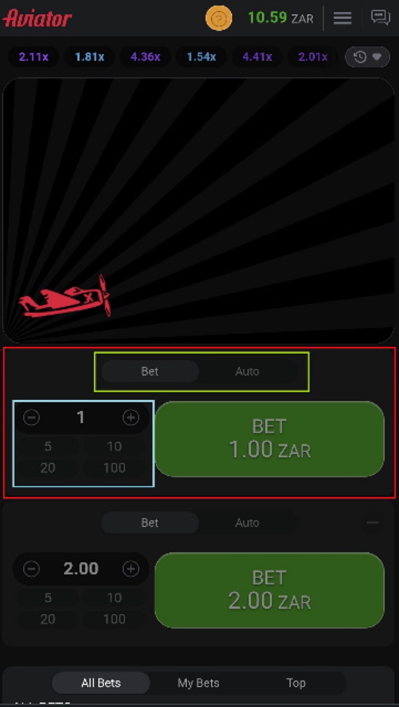 Aviator mobile view showing the rising curve and bet controls on a phone screen