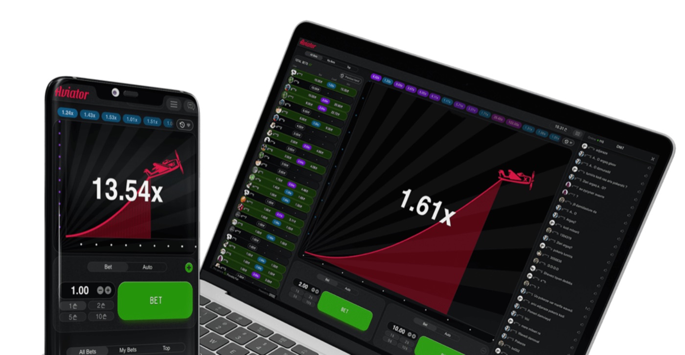 Aviator on a phone and a laptop showing multipliers of 13.54x and 1.61x
