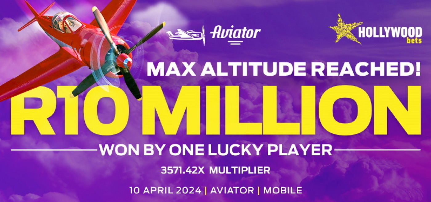 Hollywoodbets banner announcing the R10 million Aviator win at 3571.42x on 10 April 2024